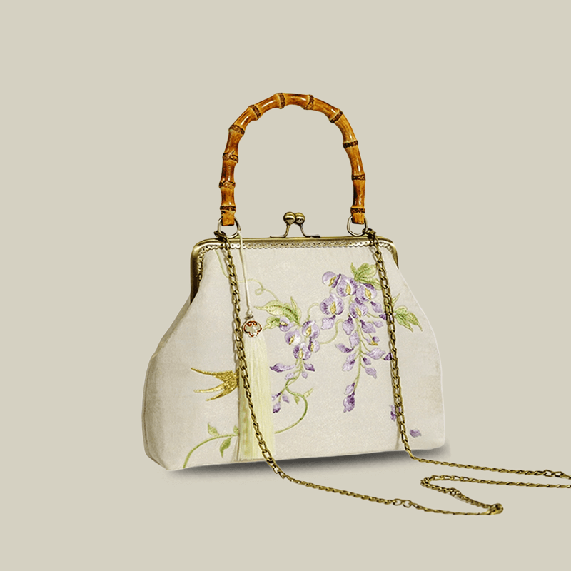 Swallow Embroidered Bamboo Handle Bag with Kiss-Lock