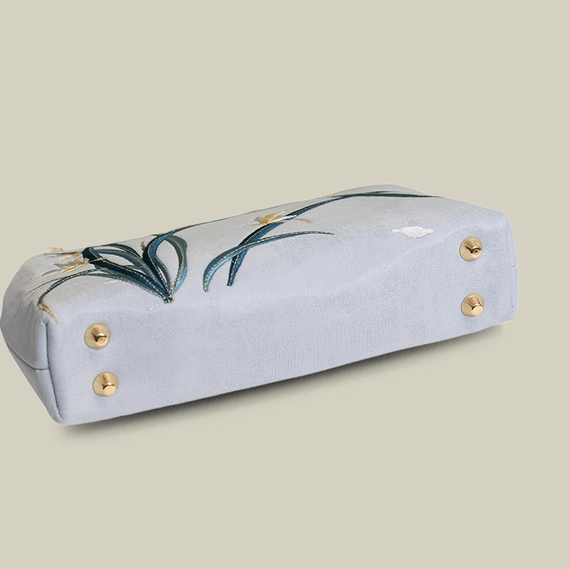 Orchid Embroidered Pearl Handle Handbag with Metal Lock