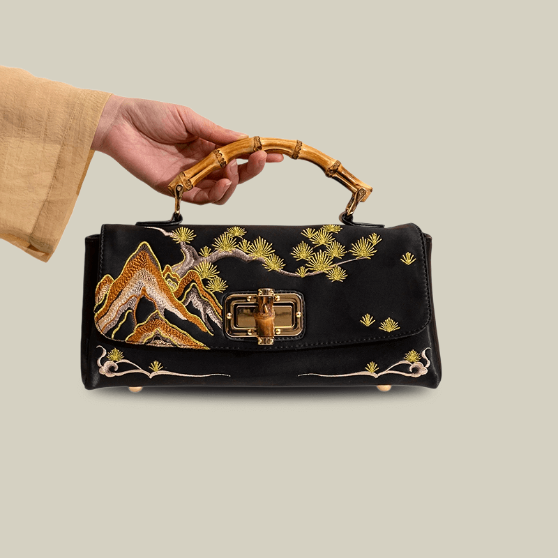 Mountain Pine Embroidered Boston Bag with Bamboo Handle