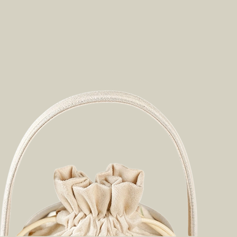 Wisteria Embroidered Drawstring Bucket Bag in Cream Satin