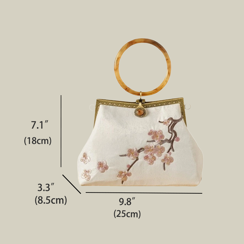 White Plum Blossom Embroidered Handbag with Acrylic Handle