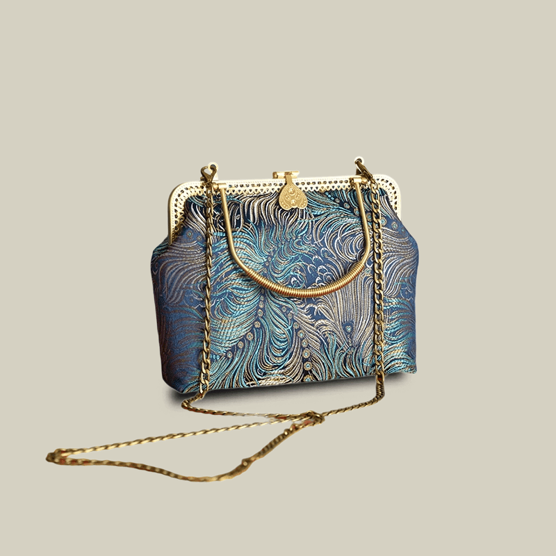 Peacock Blue Brocade Texture & Metal Handle Handbag