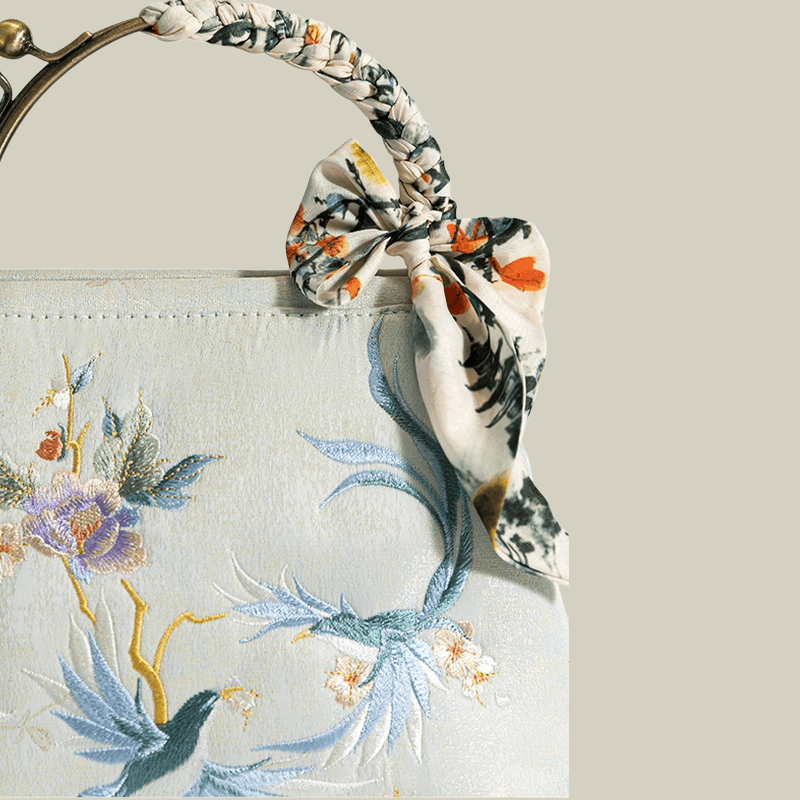 Kiss-Lock Embroidered Bird & Blossom Handbag with Silk Scarf