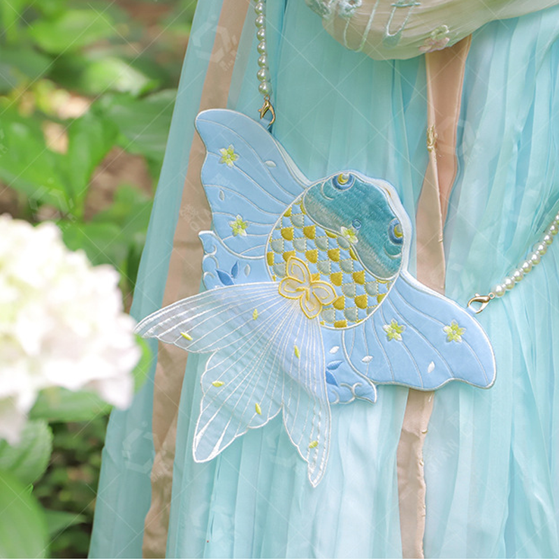 Goldfish Embroidered Crossbody Bag with Pearl Chain
