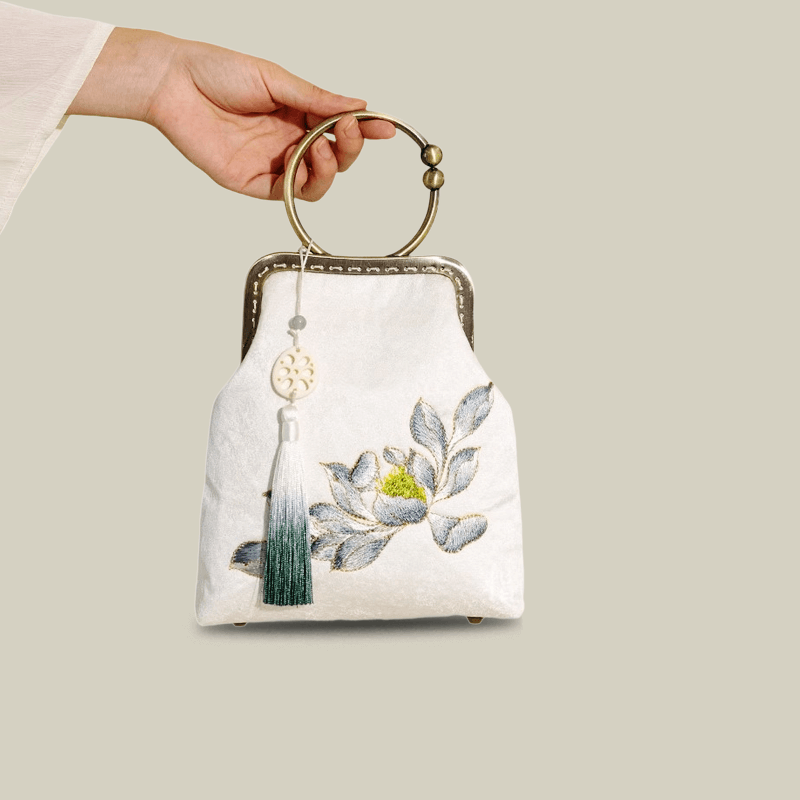 White Lotus Pod Embroidery Handbag with Kiss-Lock