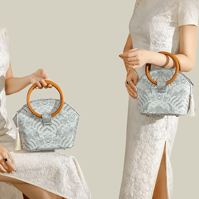 Brocade Shell Handbag with Wooden Ring Handle