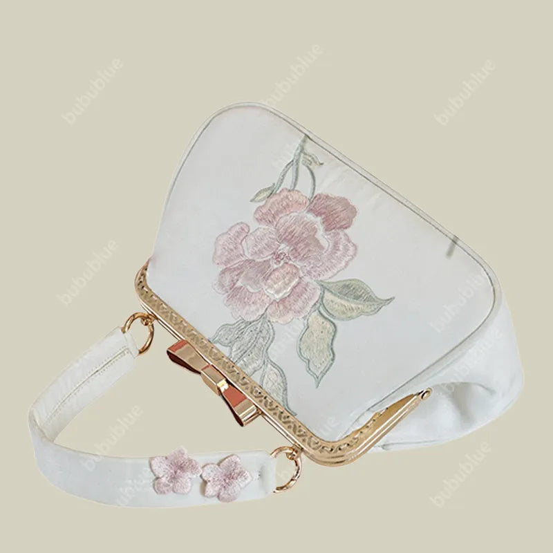 Vintage Begonia Embroidered Square Satin Handbag with Bow Lock