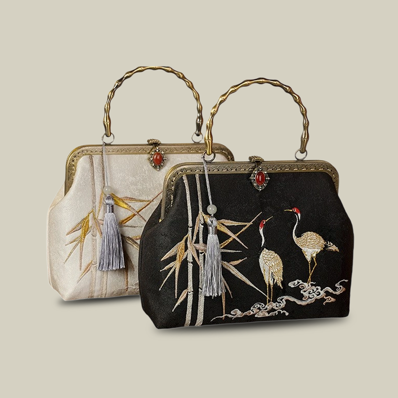 Twin Birds in Bamboo Embroidered Handbag