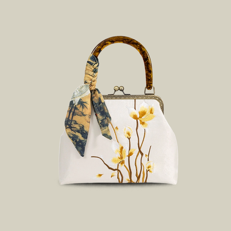 Floral Embroidered Kiss-Lock Handbag with Silk Scarf