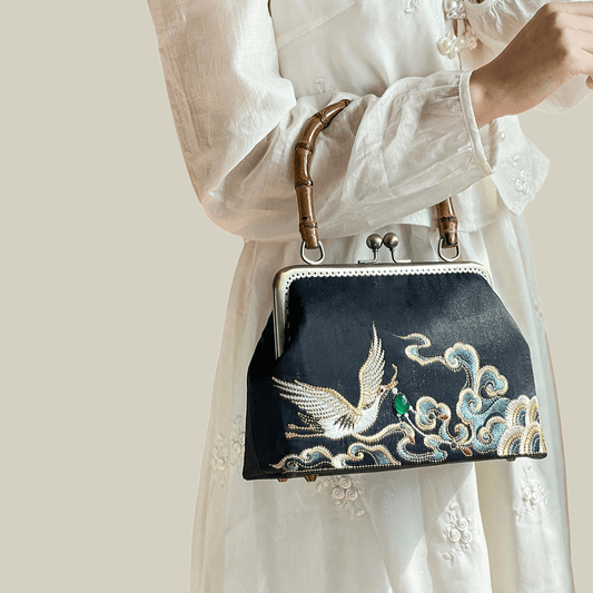 Embroidered Crane Handbag with Metal Kiss Lock