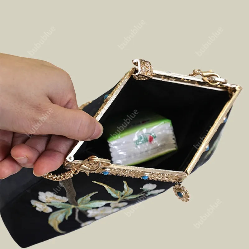 Vintage Lychee Embroidered Satin Handbag with Metal Beads