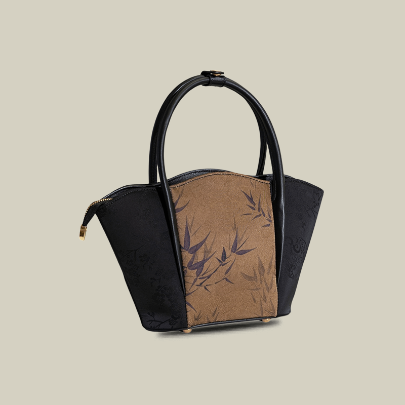 Bamboo Printed Black Colorblock Handbag