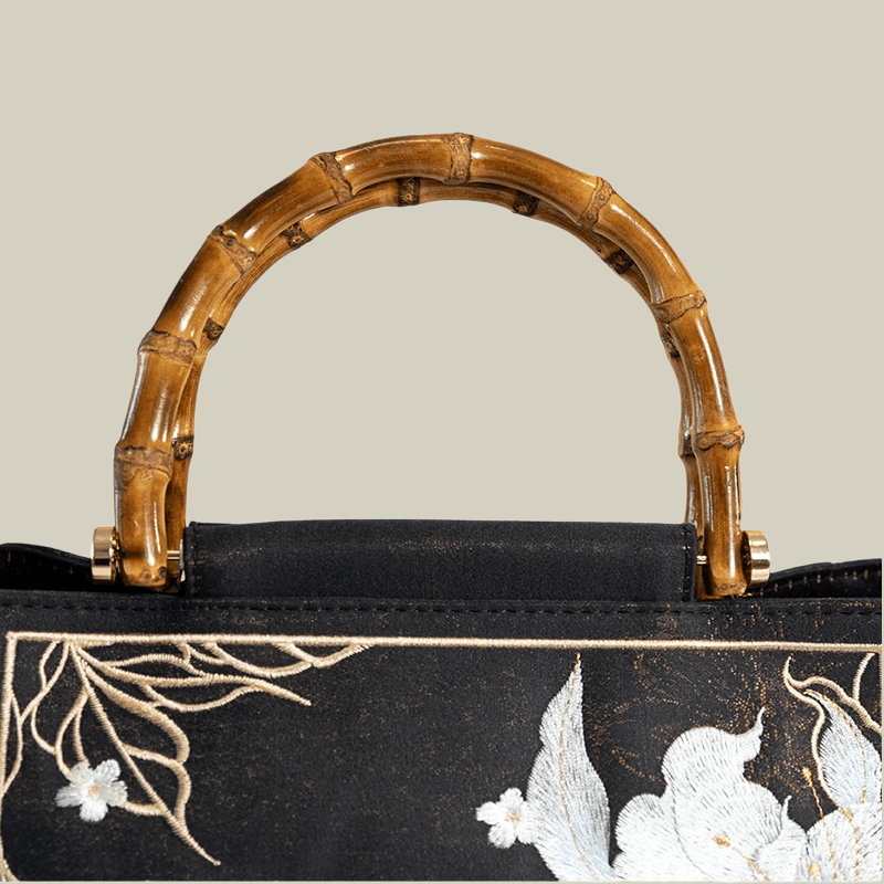 Lily Embroidered Tote Bag With Bamboo Handle(Black/Red)