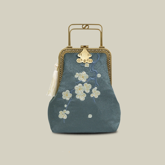 Plum Blossom Embroidery Handbag with Unique Metal Handle
