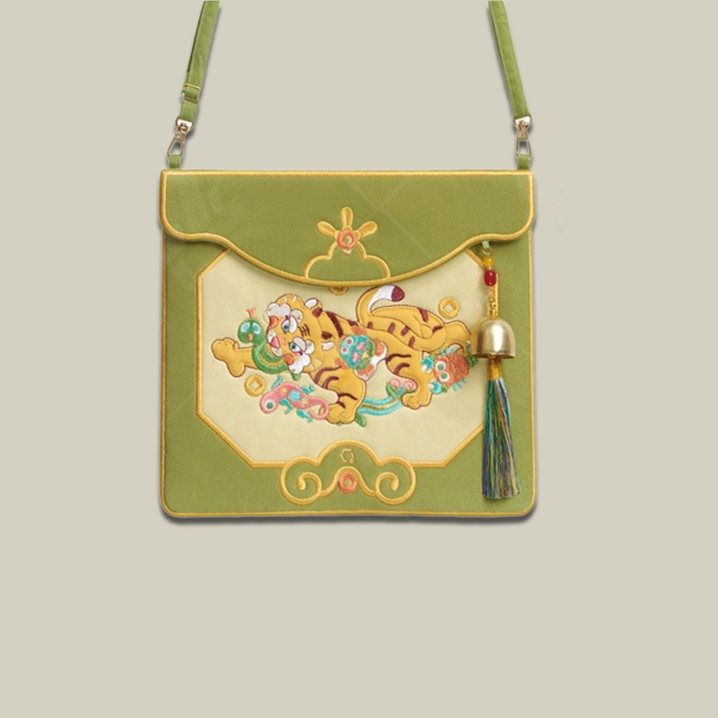 Green Cute Tiger Embroidered Crossbody Messenger Bag