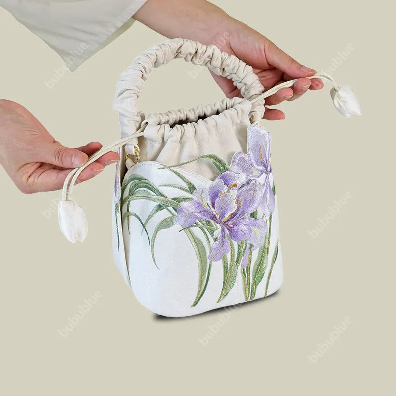 Purple Iris Embroidered Drawstring Bucket Bag