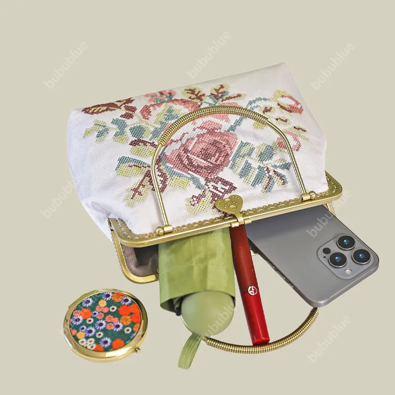 Vintage Rose Embroidered Purse with Metal Handle