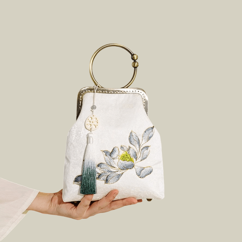 White Lotus Pod Embroidery Handbag with Kiss-Lock
