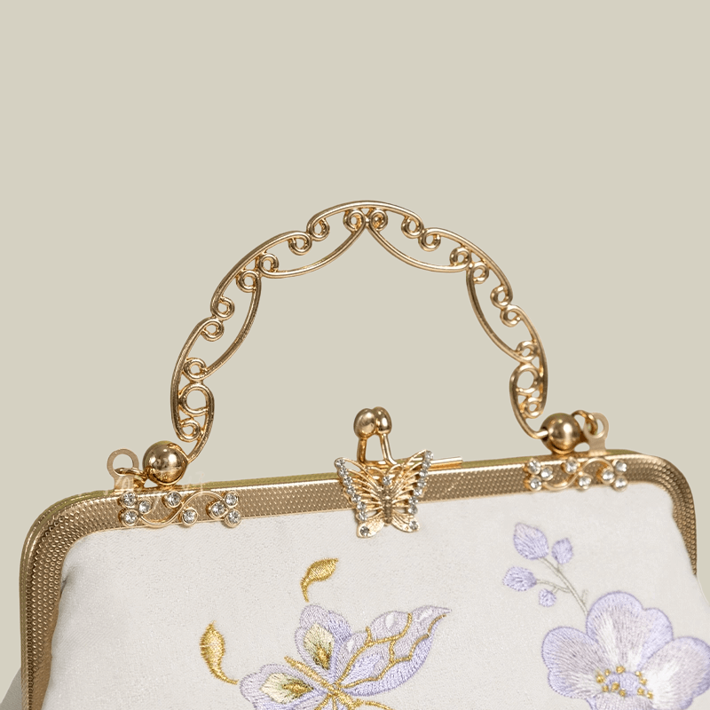Butterfly Embroidered White Handbag with Metal Kiss-Lock