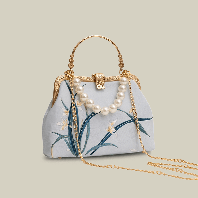 Orchid Embroidered Pearl Handle Handbag with Metal Lock