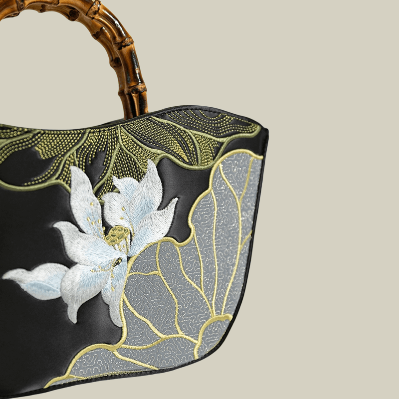 Lotus Embroidery Bamboo Handle Tote Bag