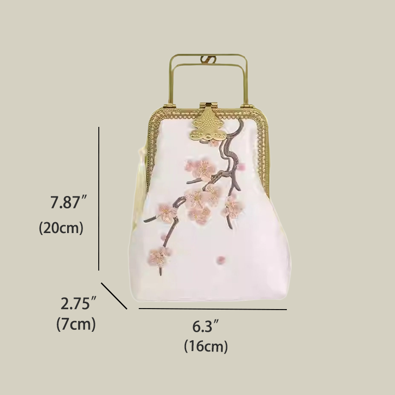 Plum Blossom Embroidery Handbag with Unique Metal Handle