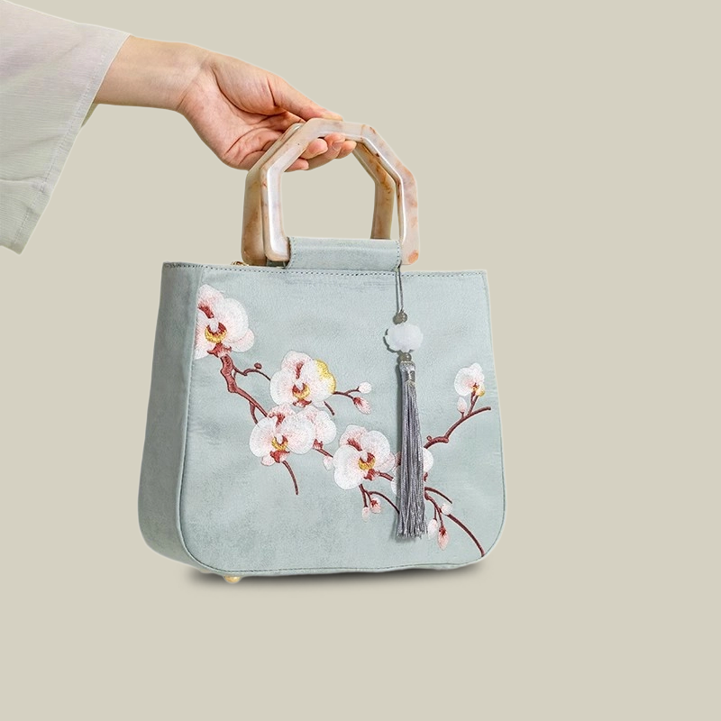 Moth Orchid Embroidered Tote Bag with Vintage Acrylic Handle