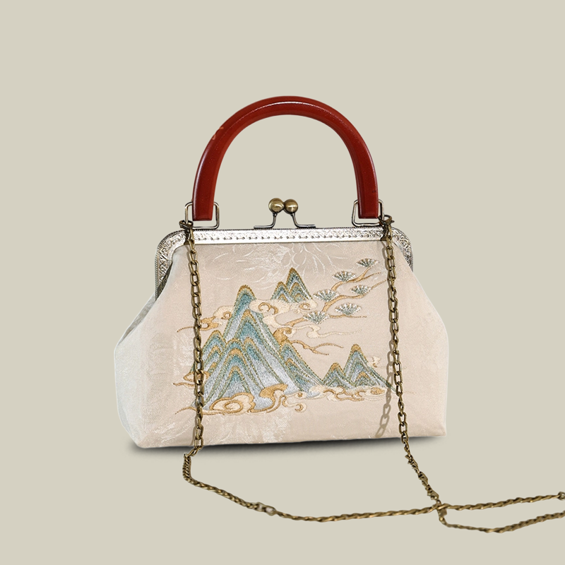 Mountain Mist Embroidered White Handbag with Vintage Metal Kiss-Lock