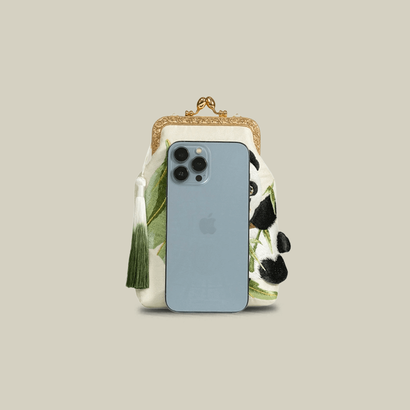 Cute Panda Embroidered Crossbody Bag with Pearl Strap