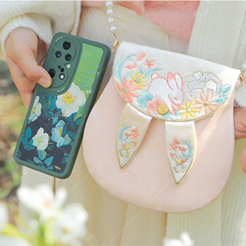 Cute Bunny Embroidered Crossbody Bag with Pearl Chain