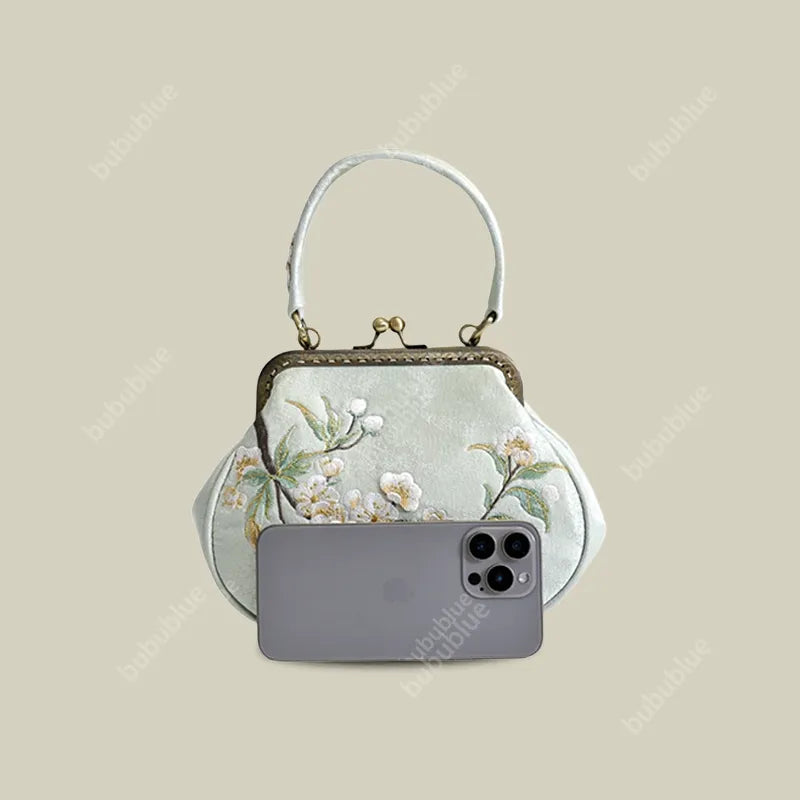 Vintage Pear Blossom Embroidered Shell Handbag with Kiss Lock