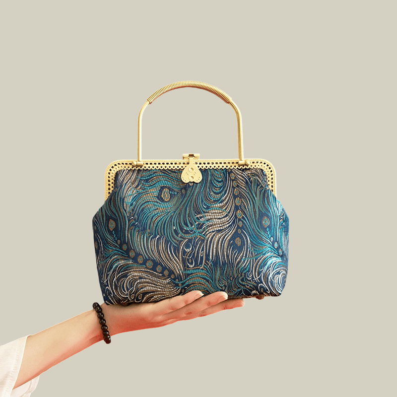 Peacock Blue Brocade Texture & Metal Handle Handbag