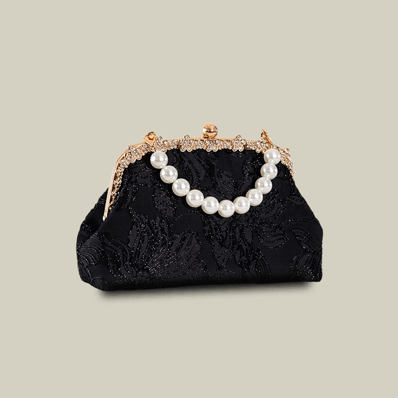 Floral Embroidered Pearl Handle Black Handbag