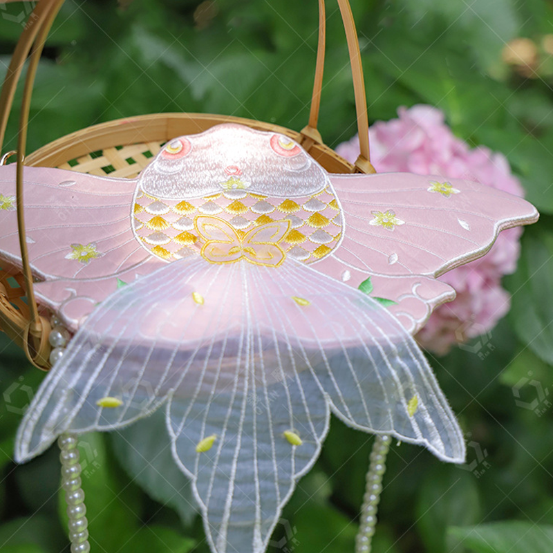 Goldfish Embroidered Crossbody Bag with Pearl Chain