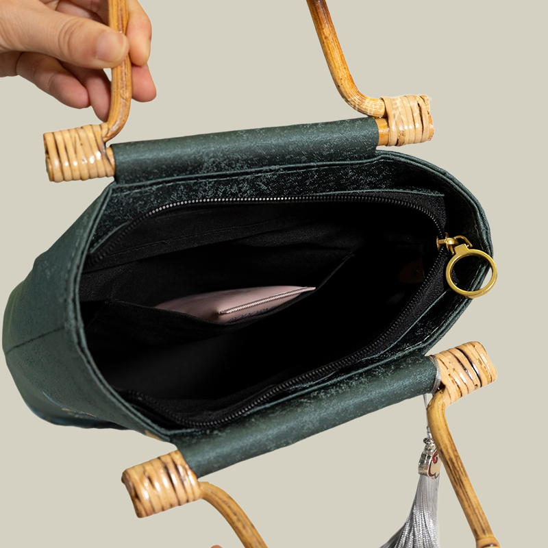 Lotus Embroidered Tote Bag with Bamboo Handle