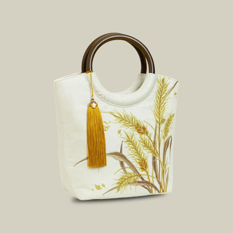 Golden Wheat Embroidered Tote Bag with Tassel