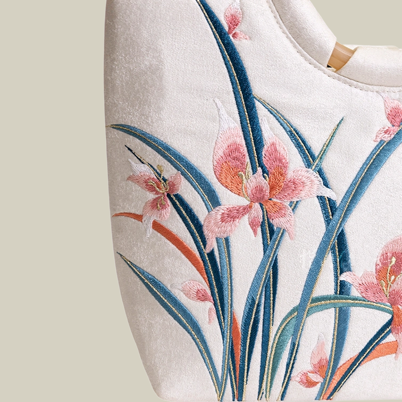 Large Capacity Orchid Bloom Embroidered Tote Bag with Acrylic Handle