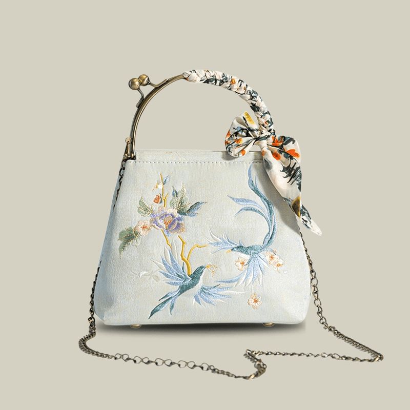 Kiss-Lock Embroidered Bird & Blossom Handbag with Silk Scarf