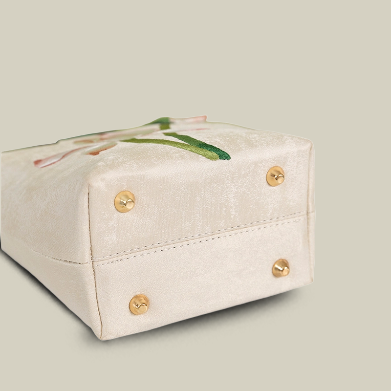 White Lotus Embroidered Tote Bag with Green Acrylic Handle