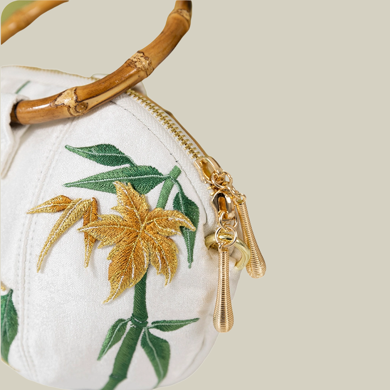 Maple Leaf Embroidered Shell Handbag with Bamboo Handle