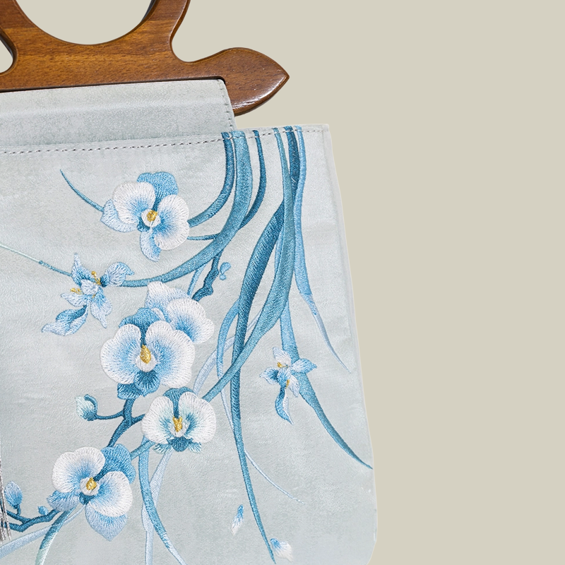 Phalaenopsis Whisper Embroidered Tote with Wooden Handle