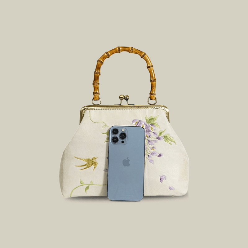 Swallow Embroidered Bamboo Handle Bag with Kiss-Lock