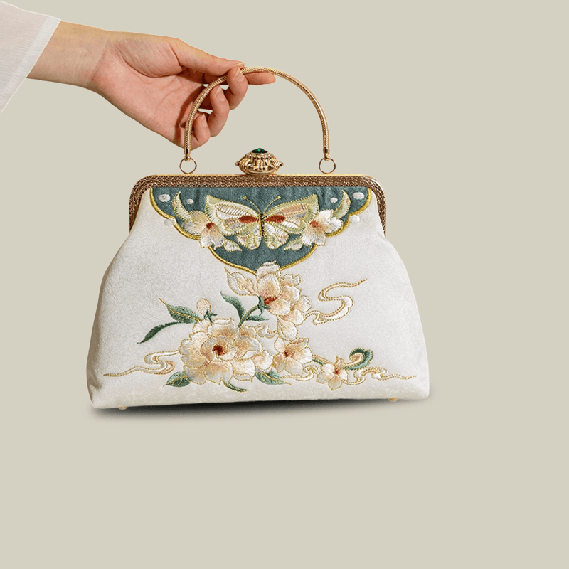Butterfly Garden Embroidered White Handbag with Gem Lock