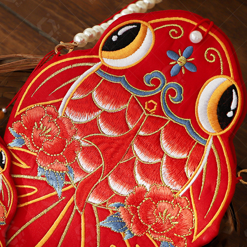 Lucky Koi Fish Embroidered Crossbody Bag with Pearl Chain