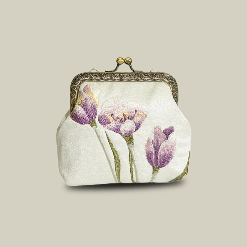 Mini Lotus Blossom Embroidered Coin Purse with Metal Kiss-Lock