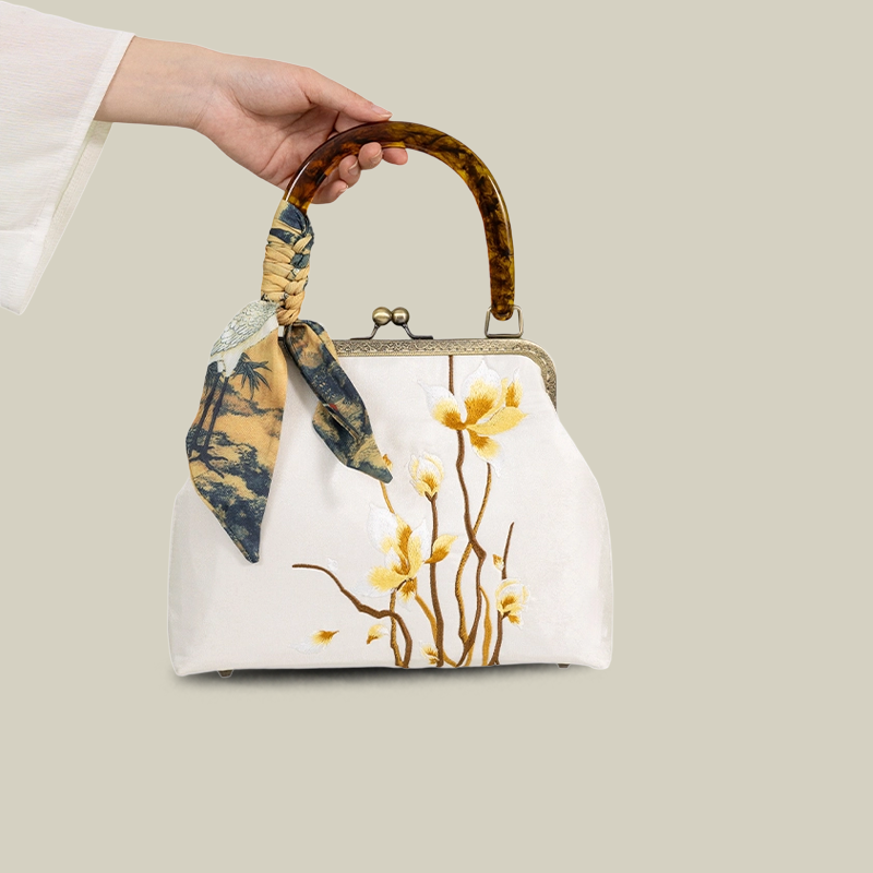 Floral Embroidered Kiss-Lock Handbag with Silk Scarf