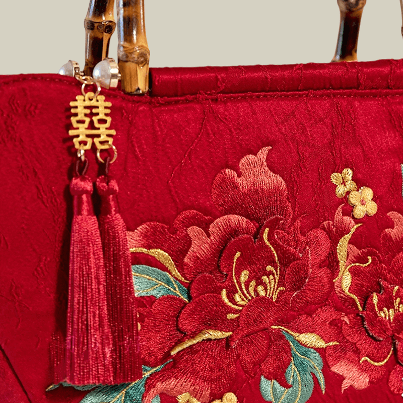 Red Peony Bloom Embroidered Tote Bag with Bamboo Handle