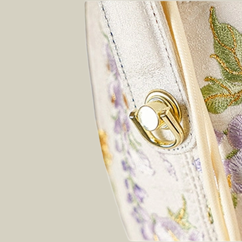 Wisteria Embroidered Drawstring Bucket Bag in Cream Satin