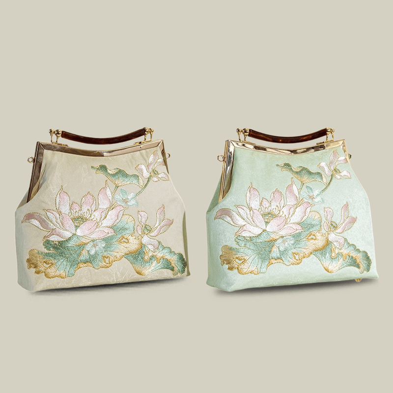 Embroidered Lotus Square Kiss-Lock Handbag with Acrylic Handle