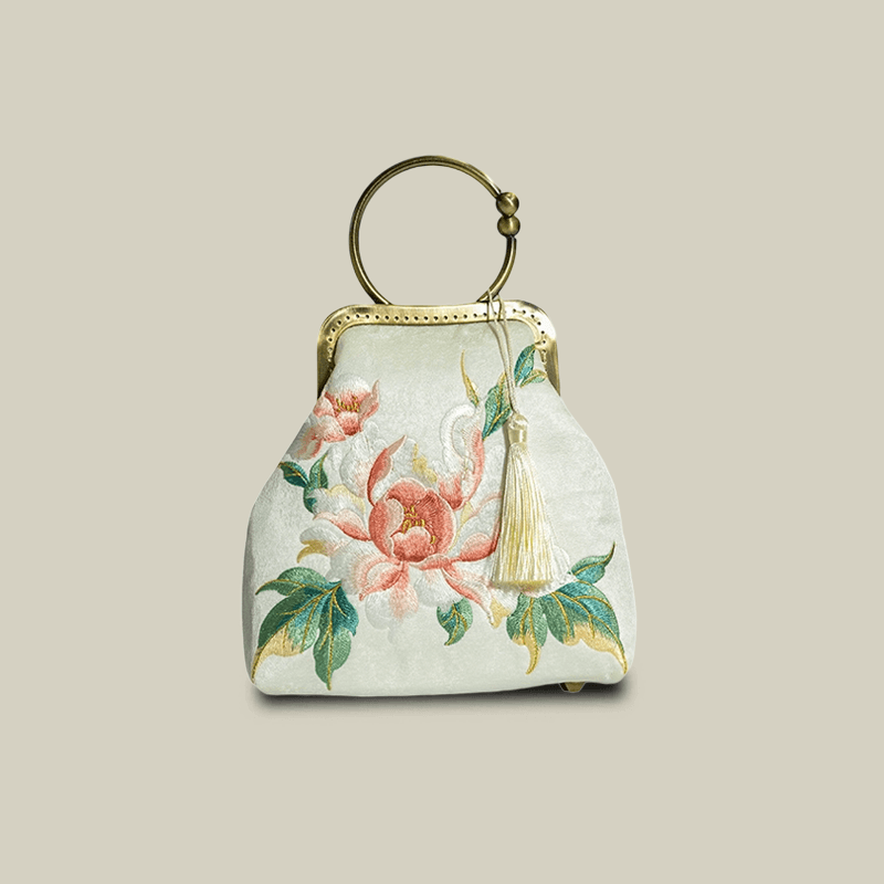 Peony Embroidered White Handbag with Metal Kiss-Lock
